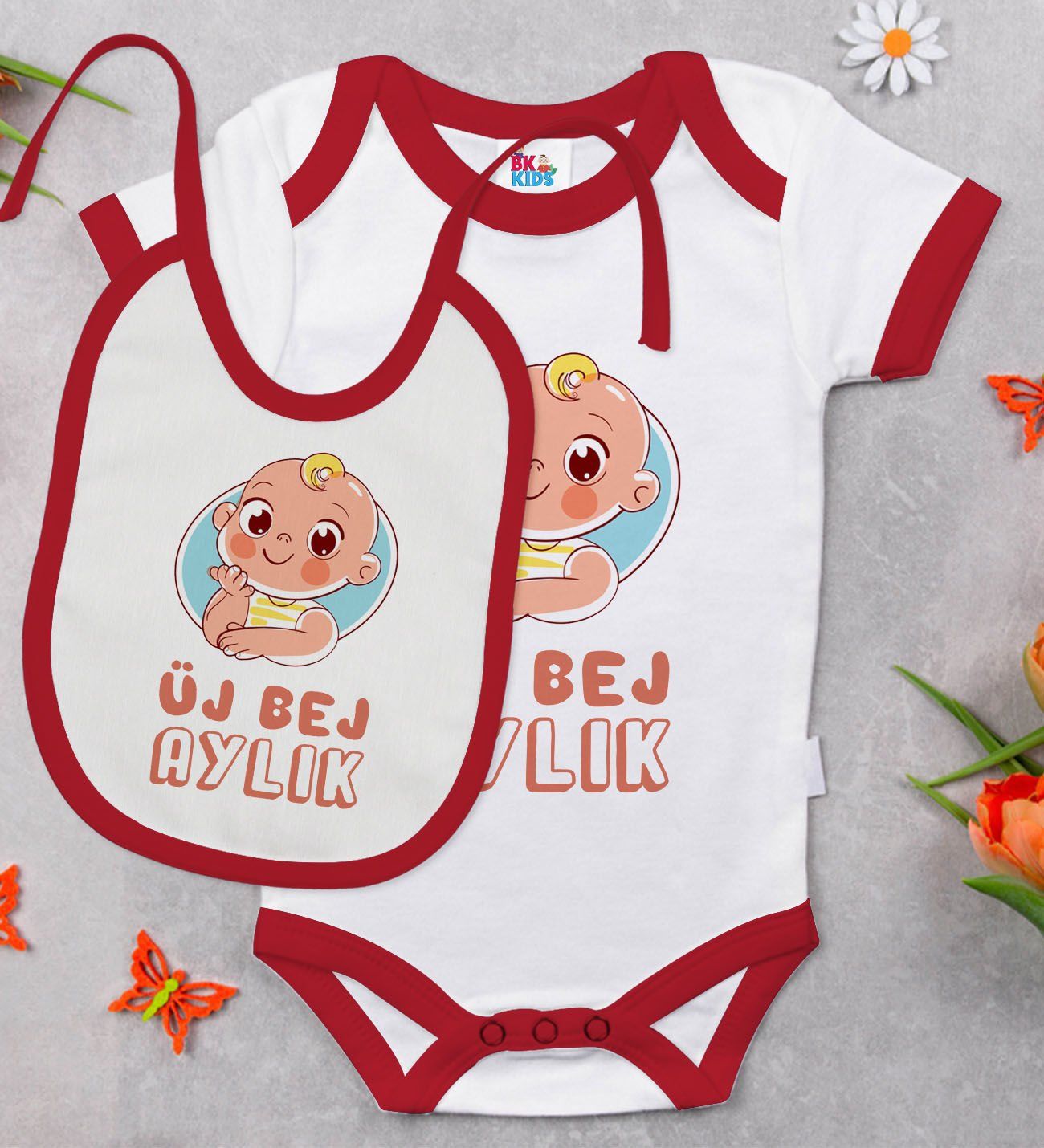 BK Kids Üj Bej Aylık Tasarımlı Kırmızı Bebek Body Zıbın ve Mama Önlüğü Hediye Seti-1