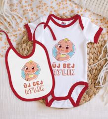 BK Kids Üj Bej Aylık Tasarımlı Kırmızı Bebek Body Zıbın ve Mama Önlüğü Hediye Seti-1