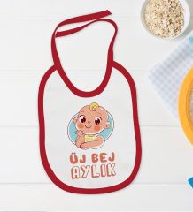 BK Kids Üj Bej Aylık Tasarımlı Kırmızı Bebek Body Zıbın ve Mama Önlüğü Hediye Seti-1