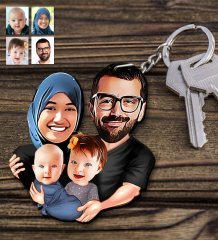 Kişiye Özel Aile Karikatürlü Ahşap Anahtarlık - 4