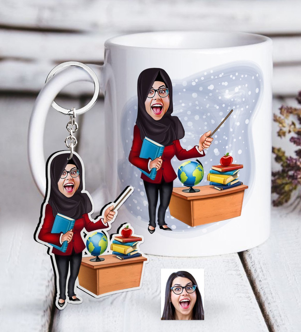 Kişiye Özel Bayan Öğretmen Karikatürlü Beyaz Kupa ve Anahtarlık Hediye Seti-7