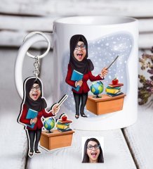 Kişiye Özel Bayan Öğretmen Karikatürlü Beyaz Kupa ve Anahtarlık Hediye Seti-7