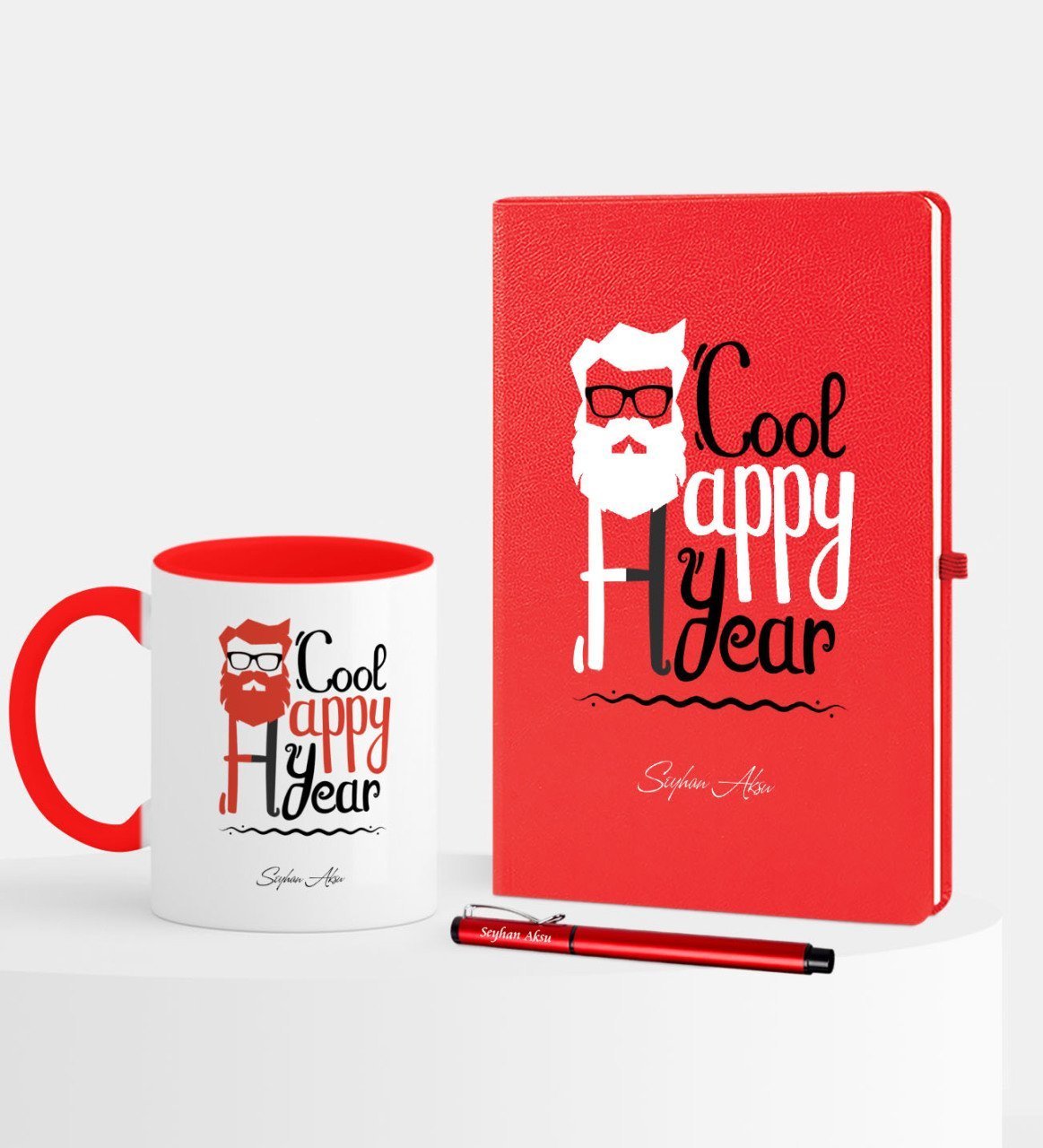 Kişiye Özel Yılbaşı Noel Baba Temalı Kırmızı Defter Kalem Kupa Seti - 3