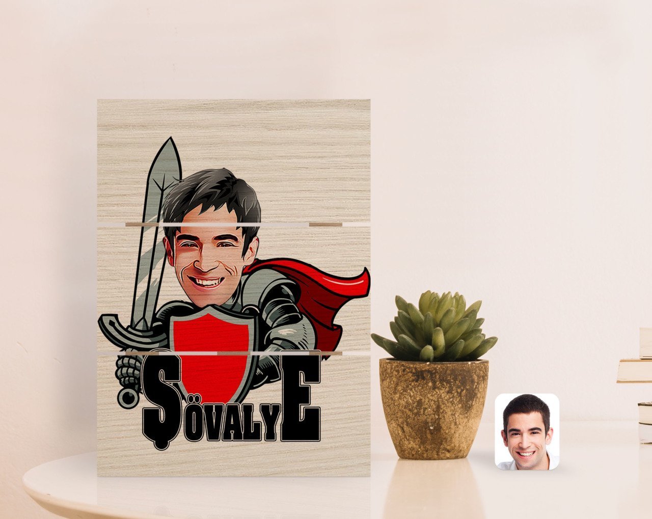 Kişiye Özel Şövalye Karikatürlü Otantik Masaüstü Ahşap Palet Çerçeve-2