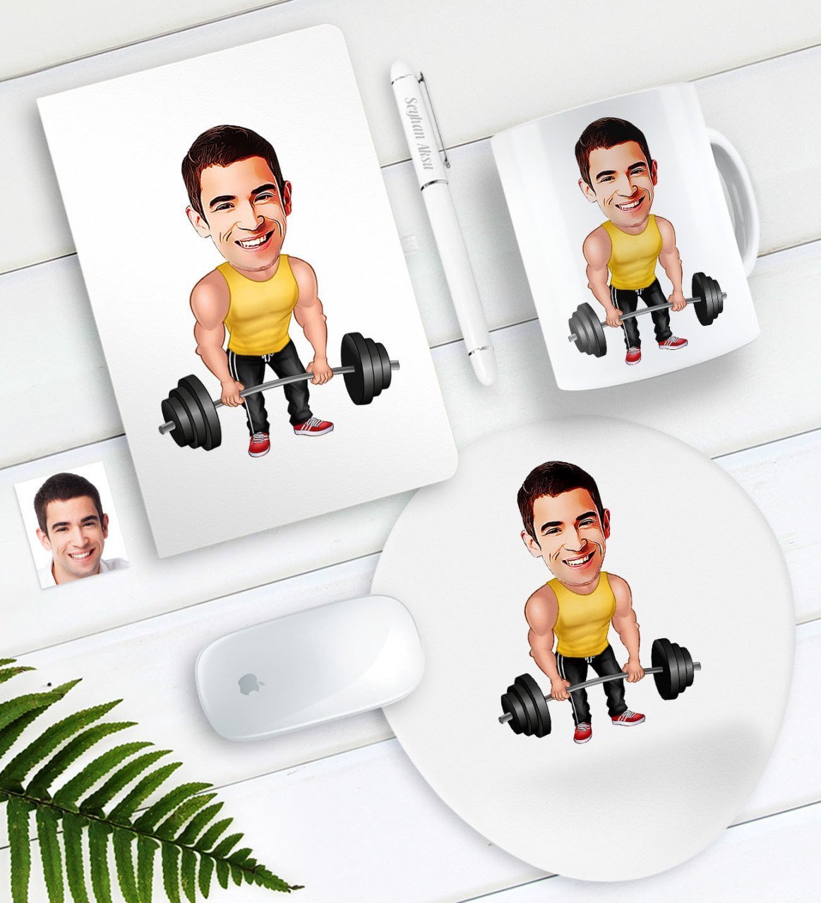 Kişiye Özel Bay Halterci Karikatürlü Defter Kalem Kupa Mouse Pad Seti