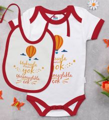 BK Kids Uykuyla Aram Yok Tasarımlı Kırmızı Bebek Body Zıbın ve Mama Önlüğü Hediye Seti-1