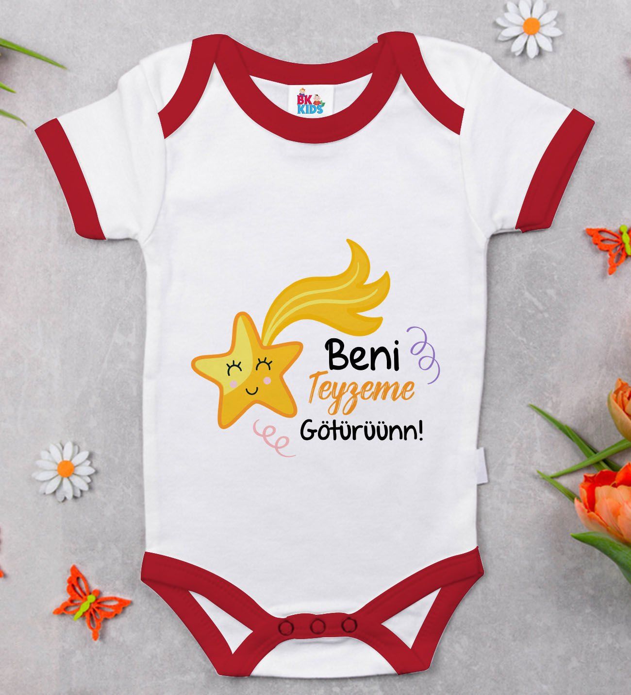 BK Kids Beni Teyzeme Götürün Tasarımlı Kırmızı Bebek Body Zıbın-1