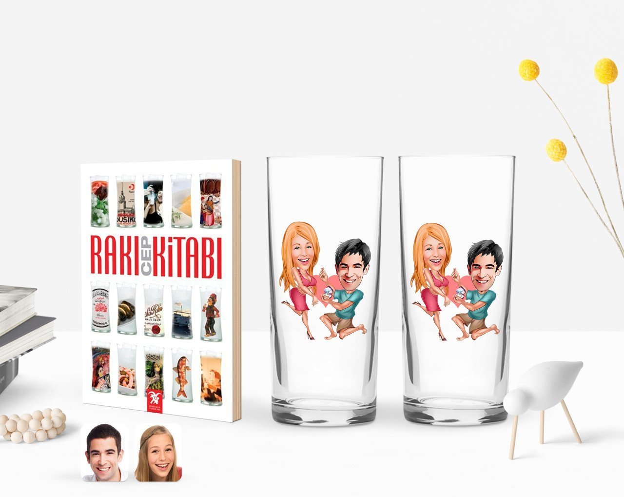 Kişiye Özel Renkli Baskılı Sevgililer Karikatürlü İkili Rakı Bardağı ve Rakı Cep Kitabı Hediye Seti-19