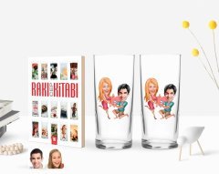 Kişiye Özel Renkli Baskılı Sevgililer Karikatürlü İkili Rakı Bardağı ve Rakı Cep Kitabı Hediye Seti-19
