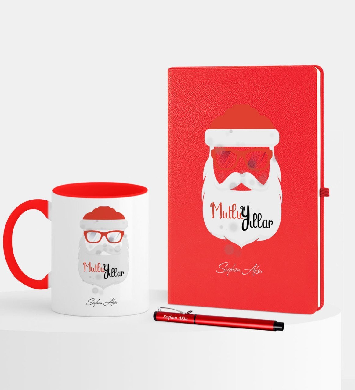 Kişiye Özel Yılbaşı Noel Baba Temalı Kırmızı Defter Kalem Kupa Seti - 2