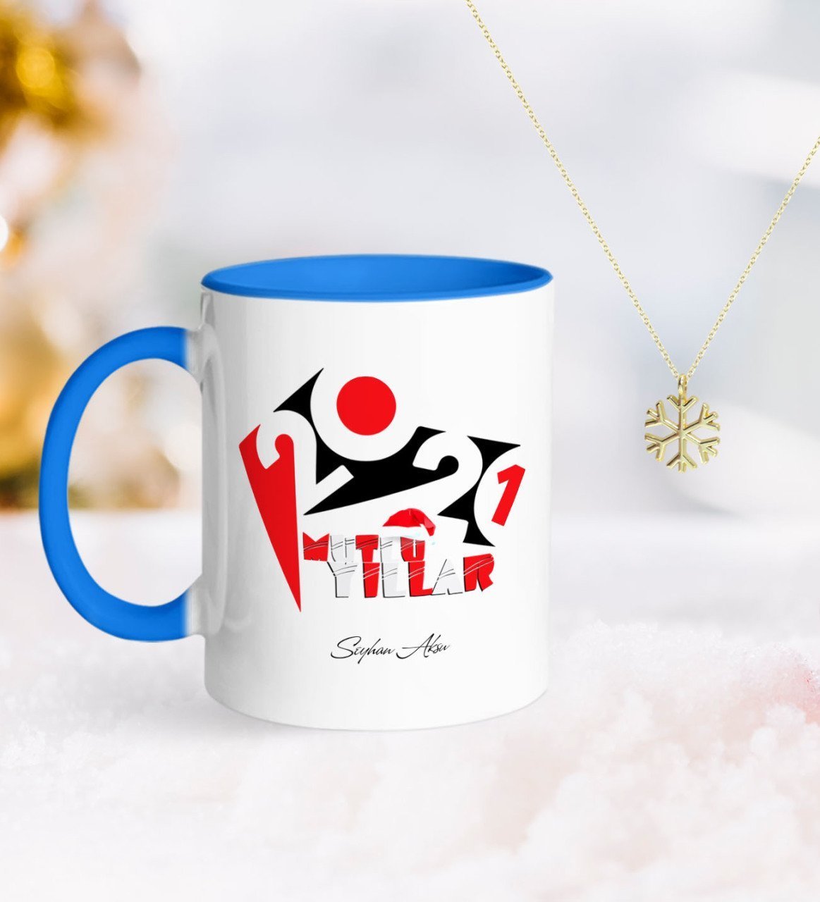 BK Gift Kişiye Özel 2023 Mutlu Yıllar Mavi Kupa ve Kar Tanesi Kolye-13
