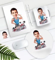 Kişiye Özel Bay Fitness Eğitmeni Karikatürlü Defter Kalem Kupa Mouse Pad Seti