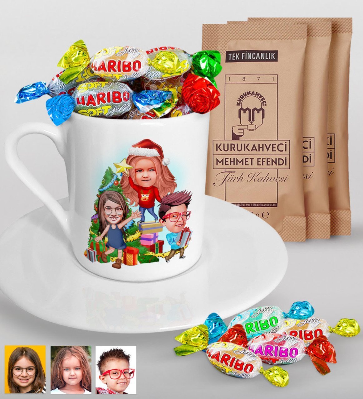 Kişiye Özel Yeni Yıl 3 Kardeş Karikatürlü Türk Kahvesi Fincanı Mehmet Efendi Kahve ve Haribo Şeker Hediye Seti-1