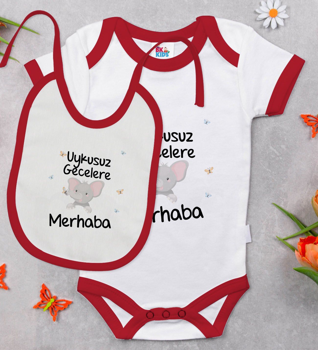 BK Kids Uykusuz Gecelere Merhaba Tasarımlı Kırmızı Bebek Body Zıbın ve Mama Önlüğü Hediye Seti-1