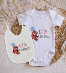 BK Kids Küçük Kahraman Tasarımlı Bebek Body Zıbın ve Mama Önlüğü Hediye Seti - Model 1
