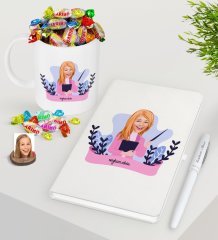 Kişiye Özel Bayan Sınıf Öğretmeni Beyaz Defter Kalem Şekerli Kupa Seti-2