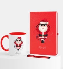 Kişiye Özel Yılbaşı Noel Baba Temalı Kırmızı Defter Kalem Kupa Seti - 1