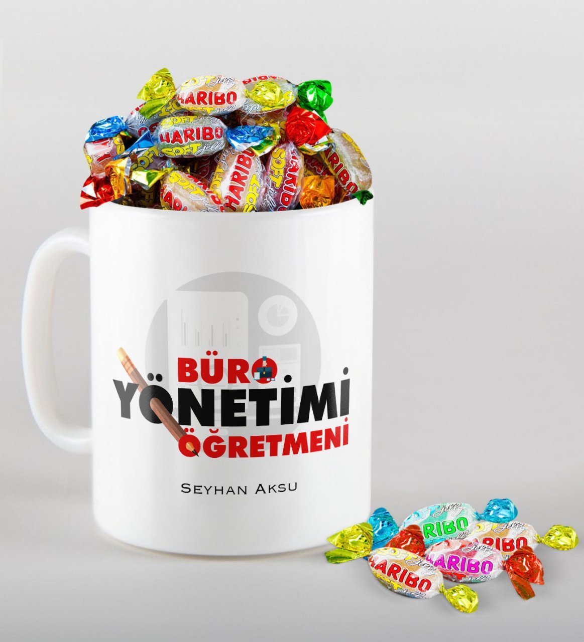 Kişiye Özel Büro Yönetimi Öğretmeni Kupa ve Haribo Şeker Hediye Seti