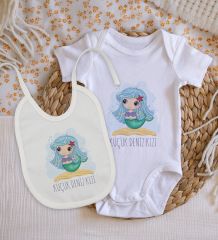 BK Kids Küçük Deniz Kızı Tasarımlı Bebek Body Zıbın ve Mama Önlüğü Hediye Seti - Model 1