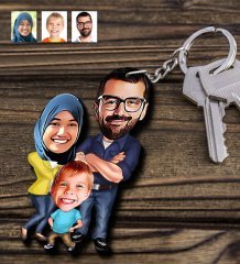 Kişiye Özel Aile Karikatürlü Ahşap Anahtarlık - 1