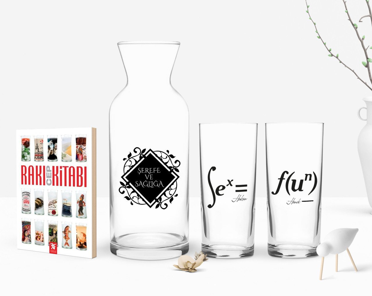 Kişiye Özel Renkli Baskılı Denklem Tasarımlı İkili Rakı Bardağı Karaf ve Cep Kitabı Hediye Seti-1