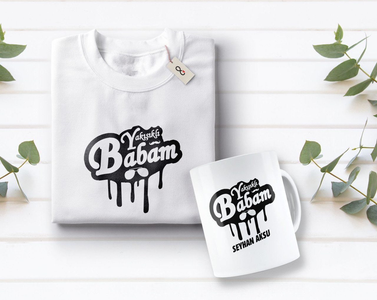 Kişiye Özel Yakışıklı Babam Tasarımlı Beyaz Tişört ve Kupa Seti-2