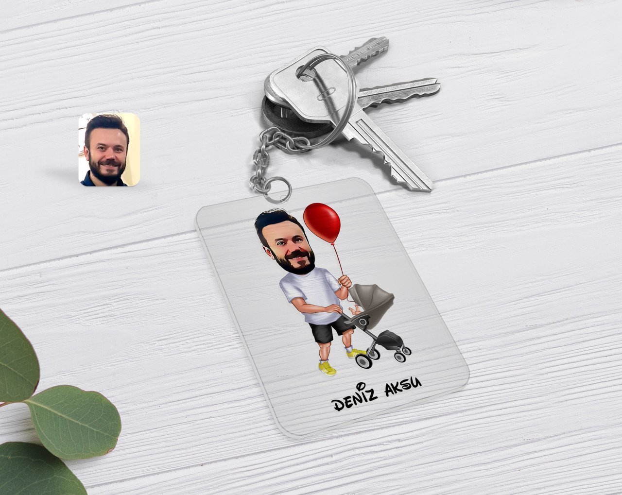 Kişiye Özel Aile Babası Karikatürlü Şeffaf Pleksi Anahtarlık-2
