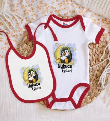 BK Kids Uykucu Güzel Tasarımlı Kırmızı Bebek Body Zıbın ve Mama Önlüğü Hediye Seti-1