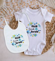 BK Kids Küçük Çocuk Burada Tasarımlı Bebek Body Zıbın ve Mama Önlüğü Hediye Seti - Model 1