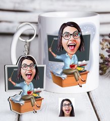 Kişiye Özel Bayan Öğretmen Karikatürlü Beyaz Kupa ve Anahtarlık Hediye Seti-2