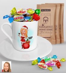 Kişiye Özel Kadın Yeni Yıl Karikatürlü Türk Kahvesi Fincanı Mehmet Efendi Kahve ve Haribo Şeker Hediye Seti-1