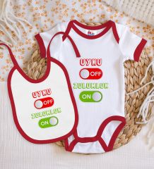 BK Kids Uyku Off Tasarımlı Kırmızı Bebek Body Zıbın ve Mama Önlüğü Hediye Seti-1