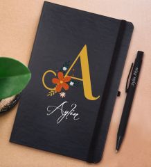 BK Gift Kişiye Özel Harf ve İsim Tasarımlı Siyah Defter ve Metal Versatil Kalem(0,7 Kurşun) Hediye Seti-1