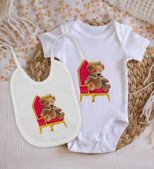 BK Kids Kral Tasarımlı Bebek Body Zıbın ve Mama Önlüğü Hediye Seti - Model 1