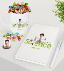 Kişiye Özel Erkek Fen Bilimleri Öğretmeni Beyaz Defter Kalem Şekerli Kupa Seti-1