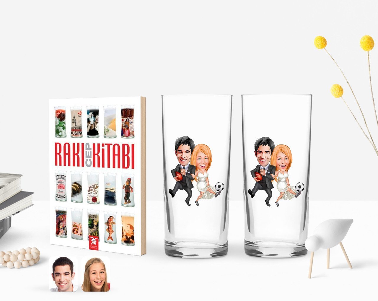 Kişiye Özel Renkli Baskılı Sevgililer Karikatürlü İkili Rakı Bardağı ve Rakı Cep Kitabı Hediye Seti-15