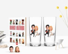 Kişiye Özel Renkli Baskılı Sevgililer Karikatürlü İkili Rakı Bardağı ve Rakı Cep Kitabı Hediye Seti-15