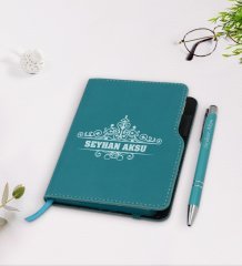 Kişiye Özel İsimli Turkuaz Termo Deri Defter Kalem Seti-32