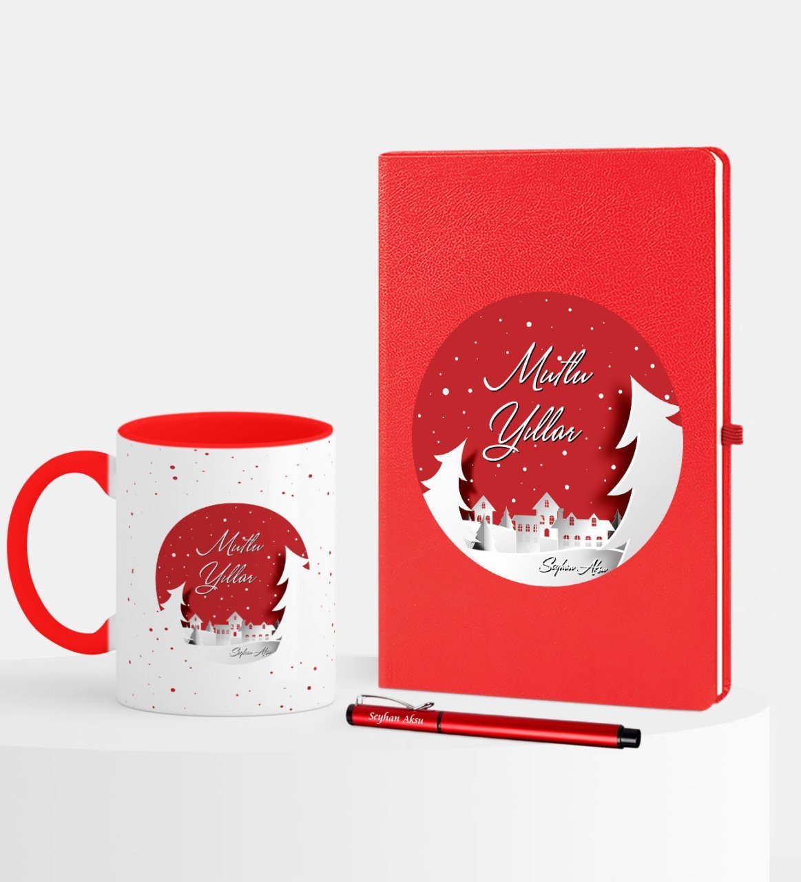 Kişiye Özel Yılbaşı Mutlu Yıllar Temalı Kırmızı Defter Kalem Kupa Seti - 1
