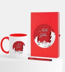 Kişiye Özel Yılbaşı Mutlu Yıllar Temalı Kırmızı Defter Kalem Kupa Seti - 1