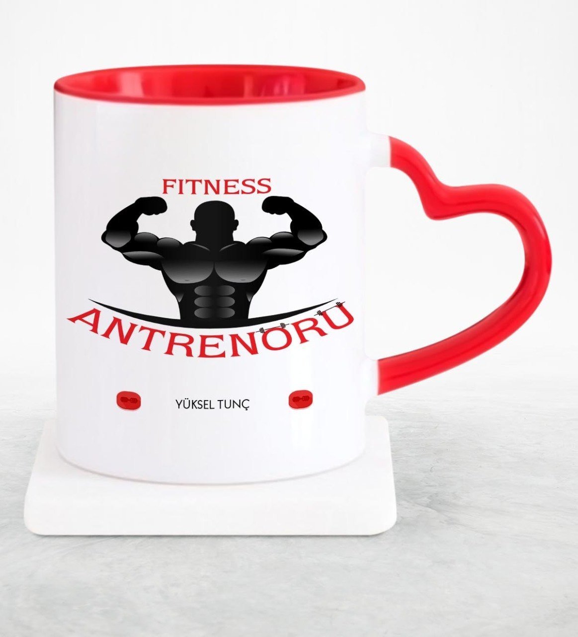 Kişiye Özel Mesleki Fitness Antrenörü Kırmızı Kalpli Kupa Bardak - 4