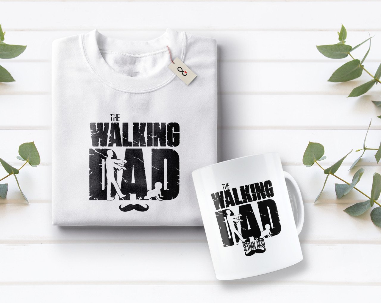Kişiye Özel The Walking Dad Tasarımlı Beyaz Tişört ve Kupa Seti-2