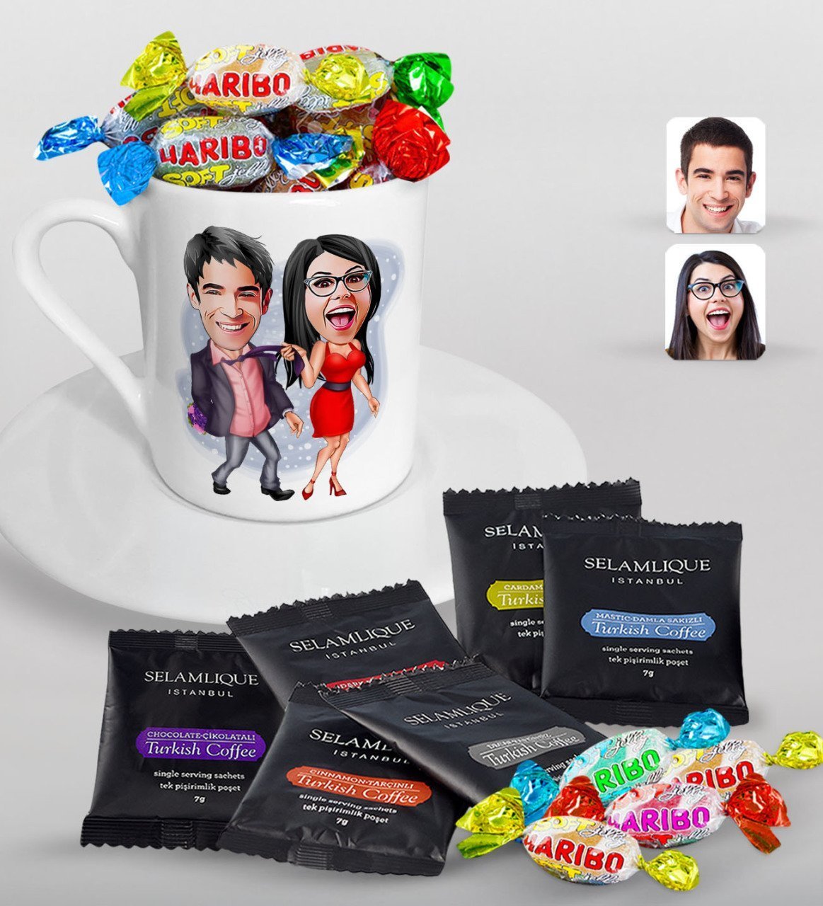 Kişiye Özel Sevgililer Karikatürlü Türk Kahvesi Fincanı Selamlique Karışık Türk Kahvesi ve Haribo Şeker Hediye Seti-4