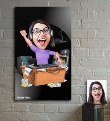 Kişiye Özel Bayan Radyocu Karikatür Ahşap Tablo - 1