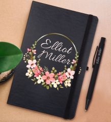 BK Gift Kişiye Özel Çiçek Tasarımlı Siyah Defter ve Metal Versatil Kalem(0,7 Kurşun) Hediye Seti-23