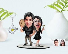 Kişiye Özel Sevgililer Karikatürlü 3D Ahşap Biblo ve İsimli Silver Papatya Anahtarlık-18