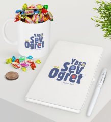 Kişiye Özel Yaşa Sev Öğret Beyaz Defter Kalem Şekerli Kupa Seti-2
