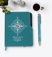 Kişiye Özel İsimli Turkuaz Termo Deri Defter Kalem Seti-26