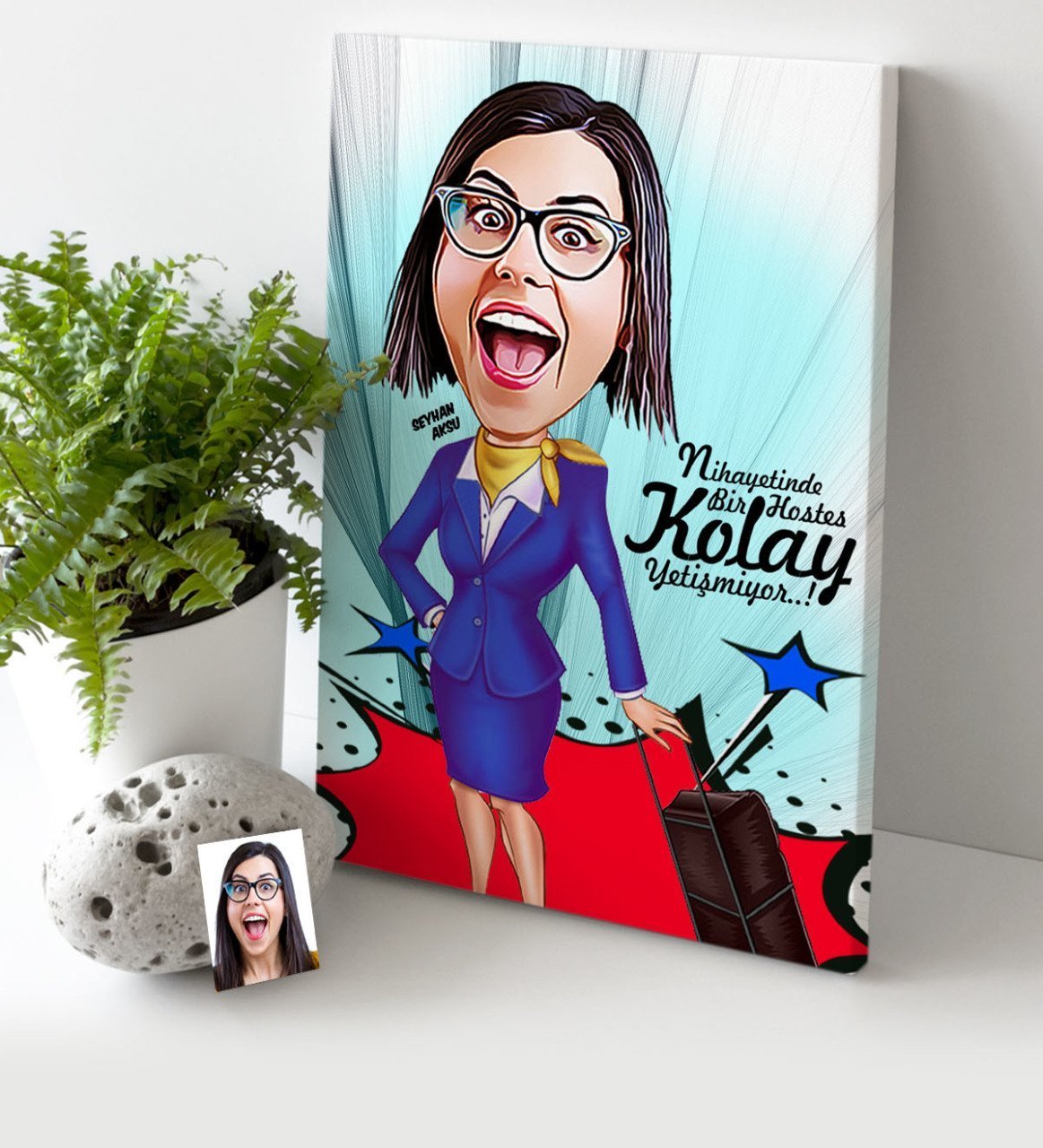 Kişiye Özel Hostes Karikatür Kanvas Tablo (30 x 50 cm.) 2
