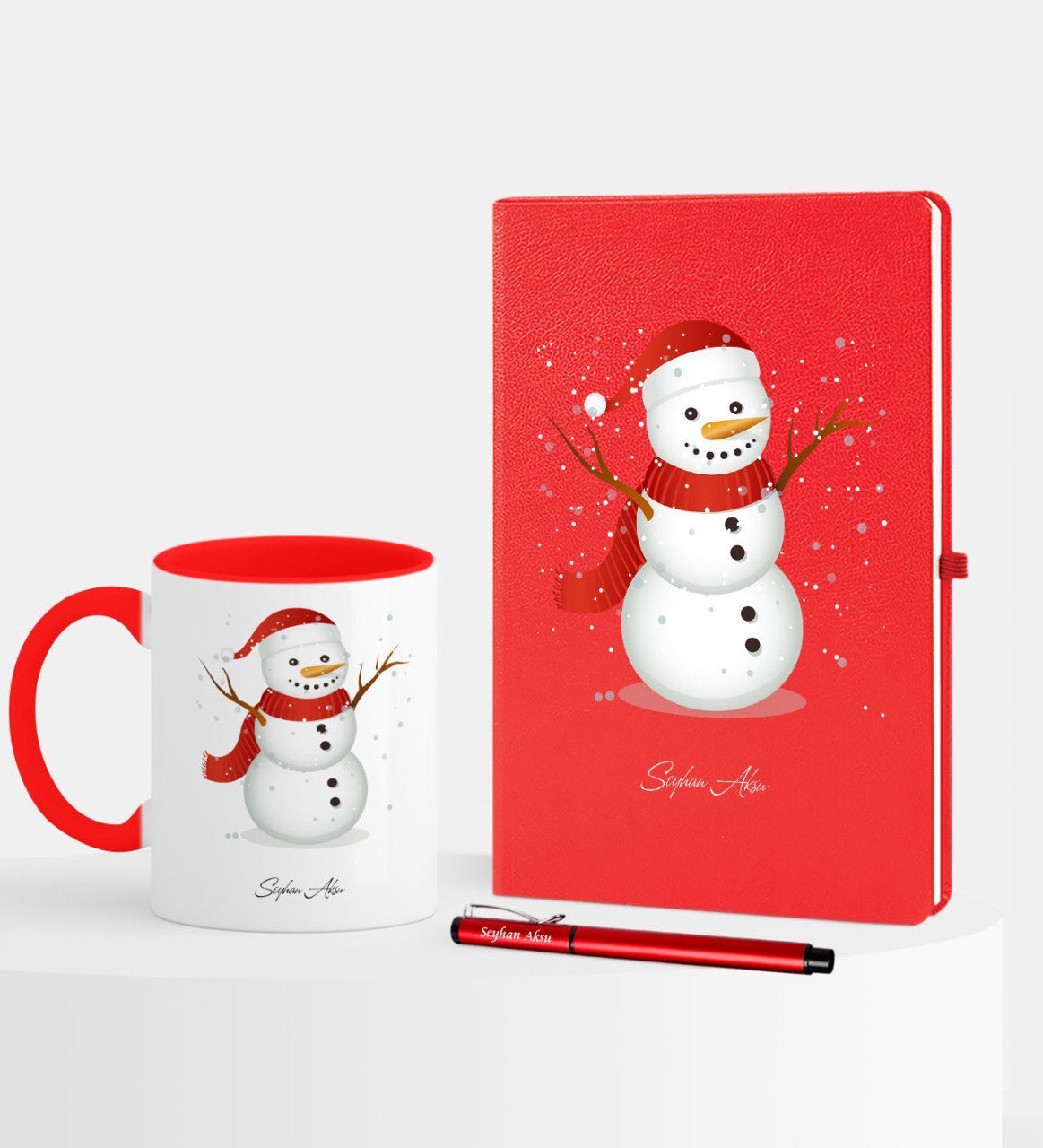 Kişiye Özel Yılbaşı Kardan Adam Temalı Kırmızı Defter Kalem Kupa Seti - 2